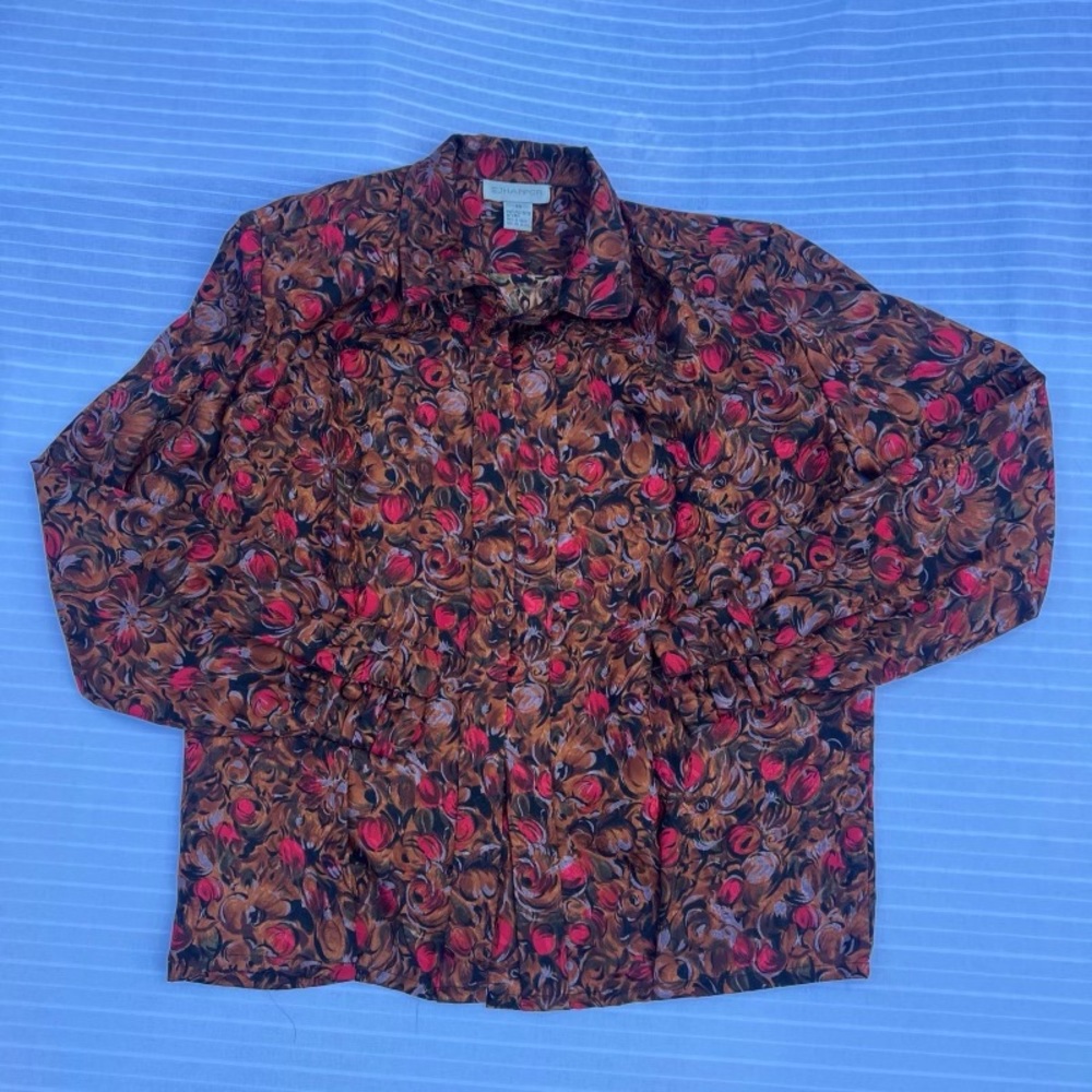 EJHARPER Long Sleeve Floral Button Down Blouse Vintage Size 10 Copper and Red